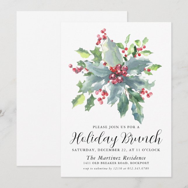 Classic Holly Berry Greenery Helgdag Brunch Inbjudningar (Fram/baksida)