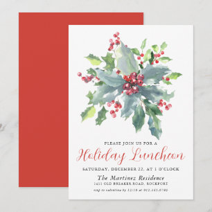 Classic Holly Berry Greenery Helgdag Luncheon Inbjudningar