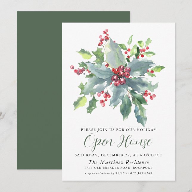 Classic Holly Berry Greenery Helgdag Open House Inbjudningar (Fram/baksida)