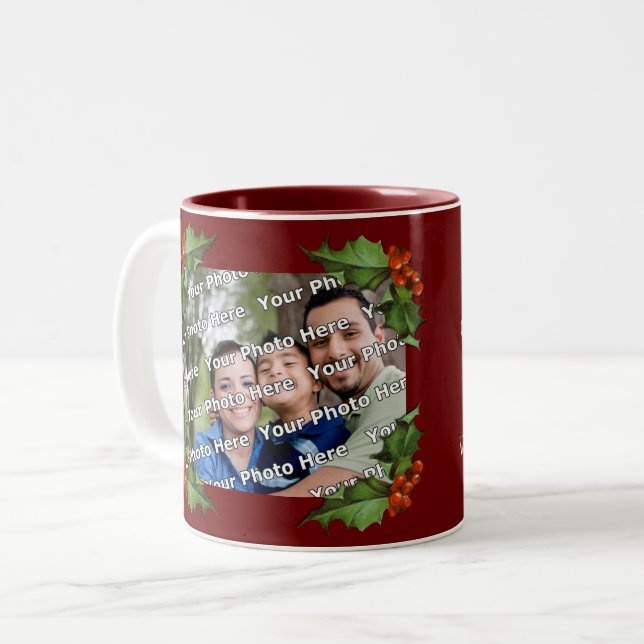 Classic Holly Border Christmas Photo Mug Två-Tonad Mugg (Framsida vänster)