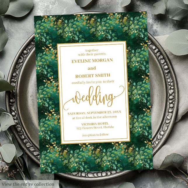 Classic Hunter Grönt Guld Eucalyptus Bröllop Inbjudningar (Classic Hunter Green Gold Eucalyptus Wedding Invitation)