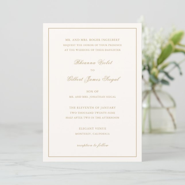 Classic Ivory and Gold Border Timeless Wedding Inbjudningar (Stående Fram)