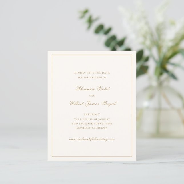 Classic Ivory and Gold Budget Wedding Save Date (Stående Fram)