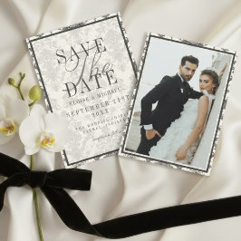 Classic Ivory Damask Rococo Pattern Photo Wedding Spara Datumet