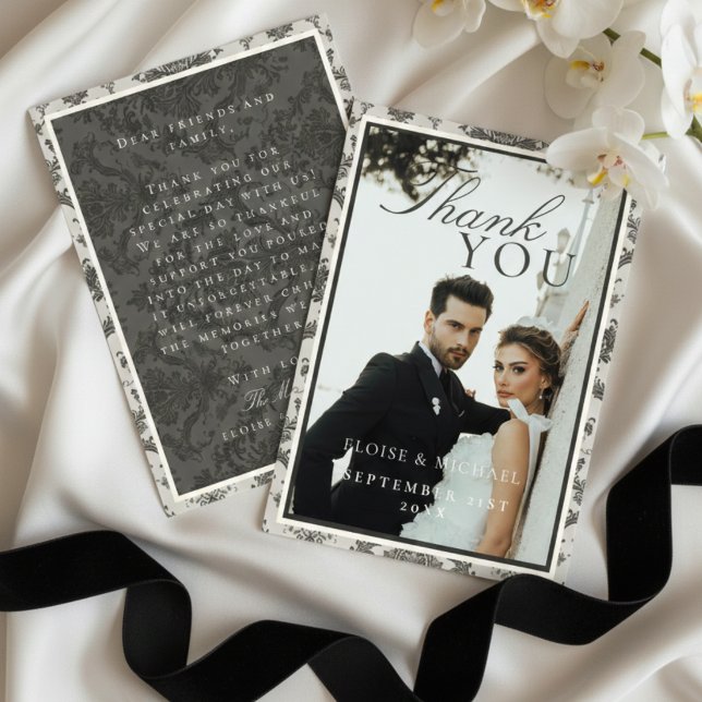 Classic Ivory Damask Rococo Pattern Photo Wedding Tack Kort (Classic Ivory Damask Rococo Pattern Photo Wedding Thank You Card)