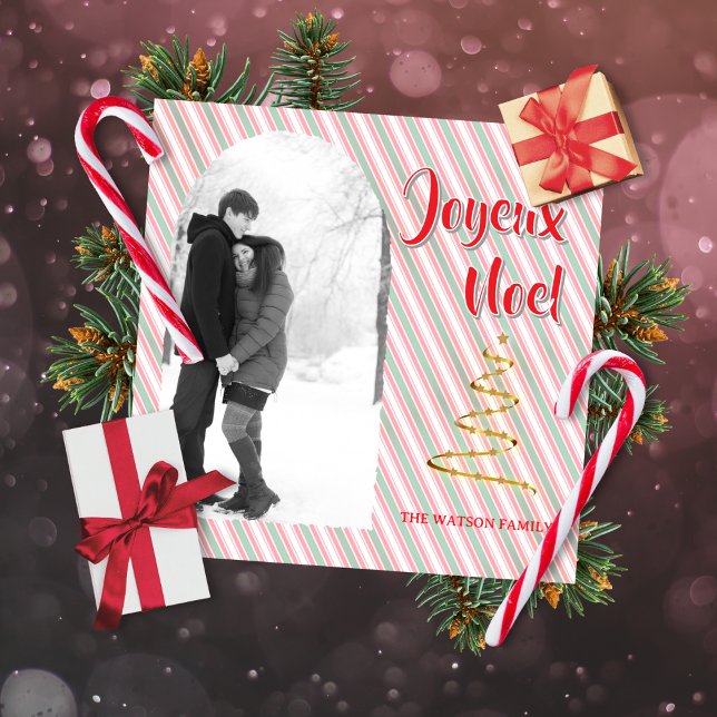 Classic Joyeux Noel Green Red Stripes Christmas Julkort (Classic Christmas photo holiday card to customize)