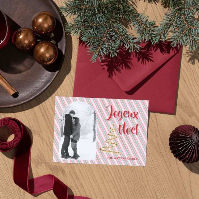 Classic Joyeux Noel Green Red Stripes Christmas Julkort (Spread the joy of the season with this customizable Classic Christmas photo holiday card. )