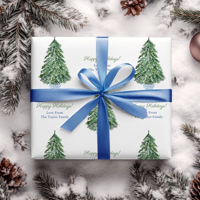 Classic Julgran Chinoiserie Glad helg Presentpapper (Simple green watercolor Christmas tree in blue and white ginger jar planter with personalized text)
