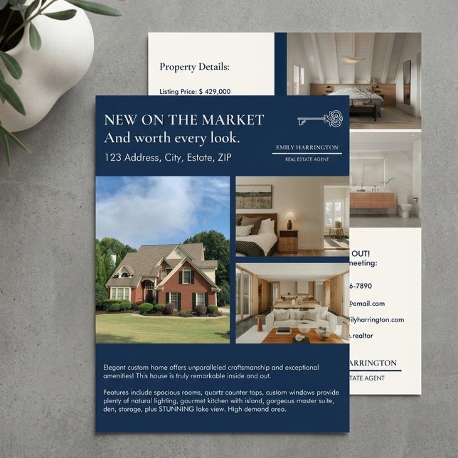 Classic Key Listing Navy Real Estate Agent Reklamblad (A house listing flyer on a gray desk.)