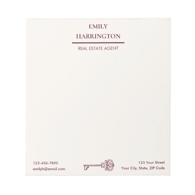 Classic Key Maroon Real Estate Agent Anteckningsblock (Framsida)