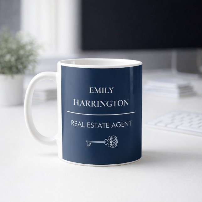 Classic Key Navy Real Estate Agent Kaffemugg (A mug on an office desk.)