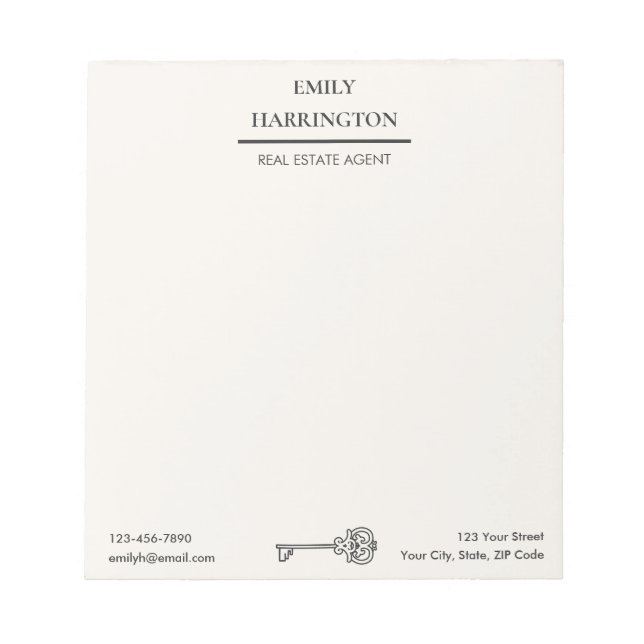 Classic Key Neutral Real Estate Agent Anteckningsblock (Framsida)