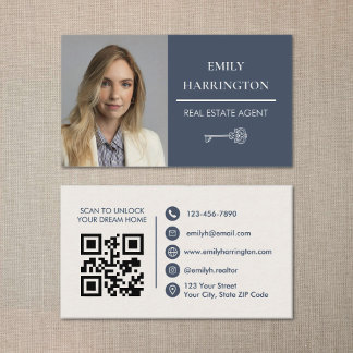 Classic Key QR Code Gray Real Estate Agent Visitkort