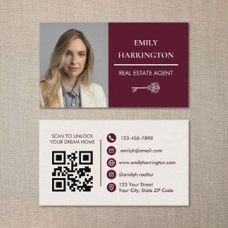 Classic Key QR Code Maroon Real Estate Agent Visitkort