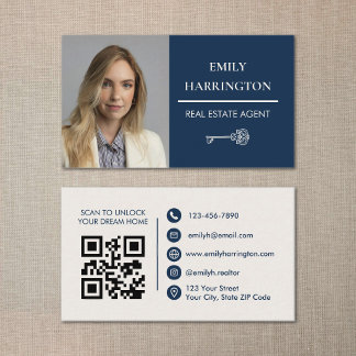Classic Key QR Code Navy Real Estate Agent Visitkort