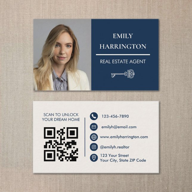 Classic Key QR Code Navy Real Estate Agent Visitkort (A flat lay picture of a real estate agent business card featuring its front and back.)