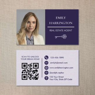 Classic Key QR Code Purple Real Estate Agent Visitkort