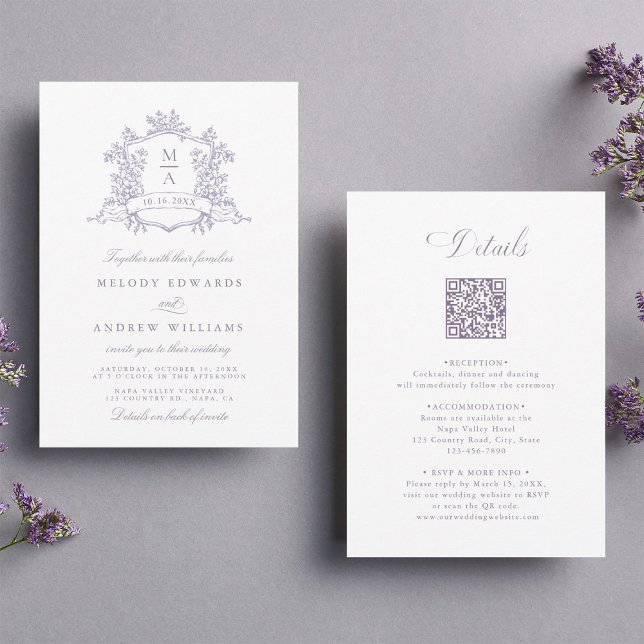 Classic Lavender Floral Crest Wedding All in One Inbjudningar (Skapare uppladdad)