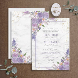 Classic Lavender Lilac Marble Guld Blommigt Bröllo Inbjudningar