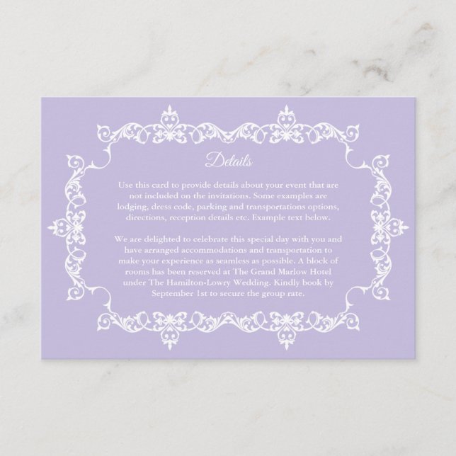 Classic Lavender Purple Ornately Framed Wedding Tilläggskort (Framsida)