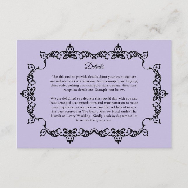 Classic Lavender Purple Ornately Framed Wedding Tilläggskort (Framsida)