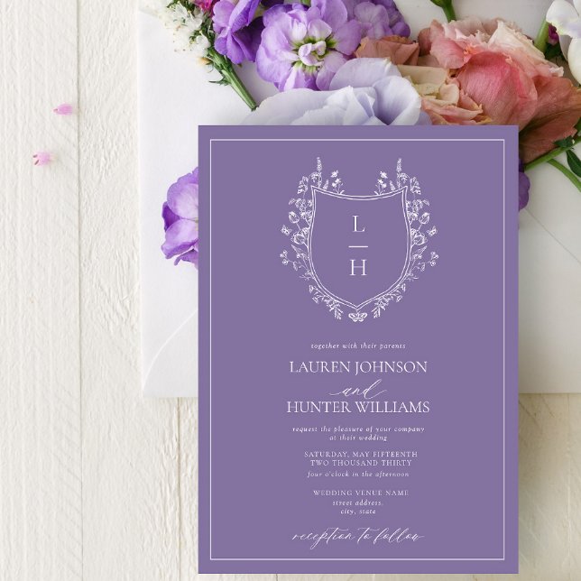 Classic Lavender Wildblommonogram Vapensköld Bröll Inbjudningar (Skapare uppladdad)