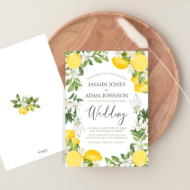 Classic Lemon Greenery Summer Bröllop Inbjudningar (Citrus Lemons and Greenery Summer Fruits Wedding Invitation)