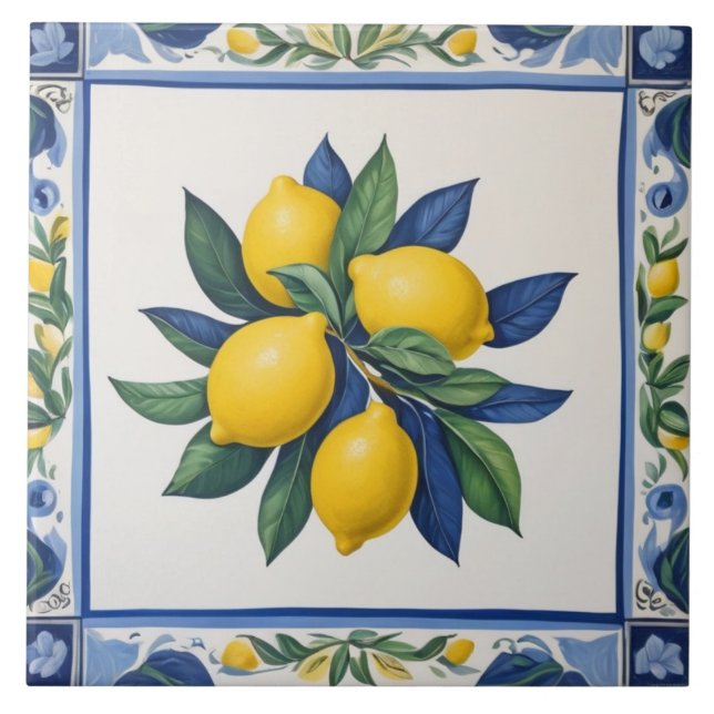 Classic Lemons Blue Green Yellow White Traditional Kakelplatta (Framsidan)