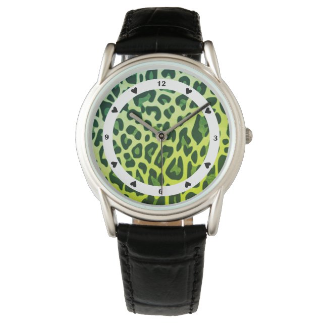 Classic Leopard Leo Mönster Print Design Grönt Armbandsur (Framsida)