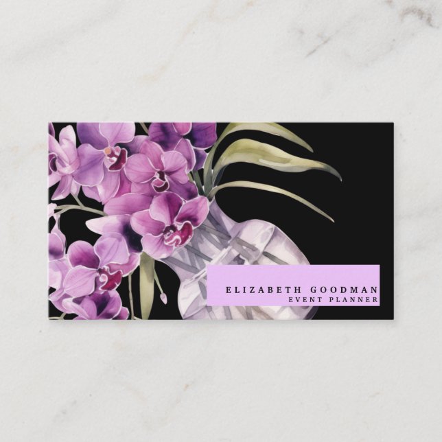 Classic Lila Orchids Black Affärskort Visitkort (Framsida)