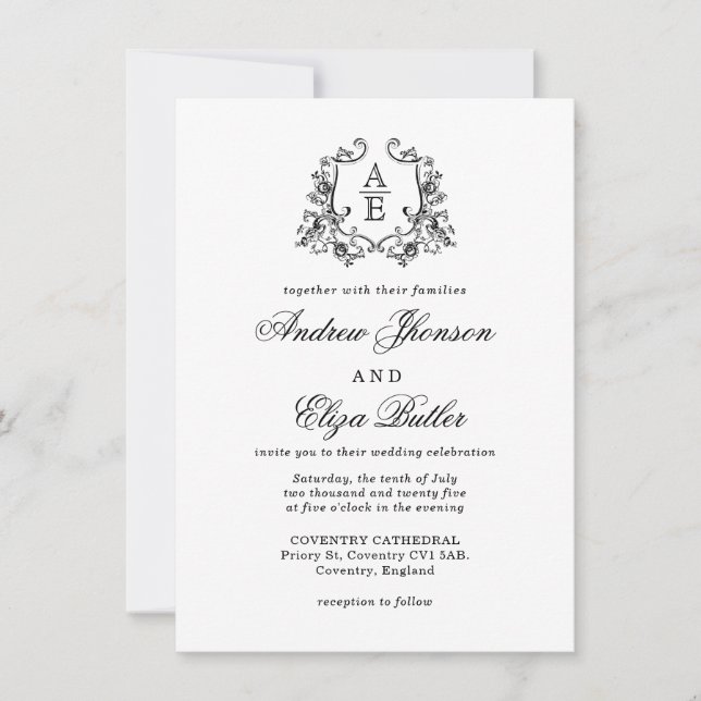 Classic Luxe Black & White Monogram-inbjudan Inbjudningar (Framsida)