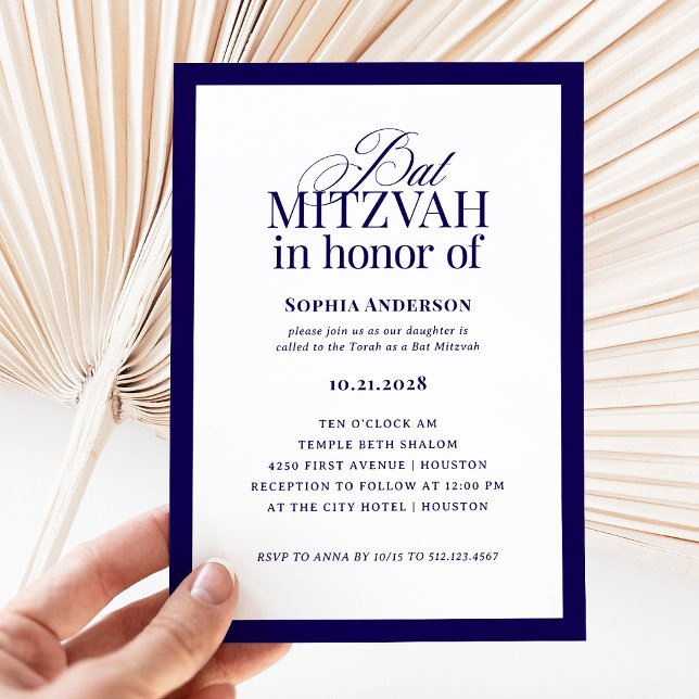 Classic Luxe | Elegant Blå och vit Bat mitzvah Inbjudningar (Skapare uppladdad)
