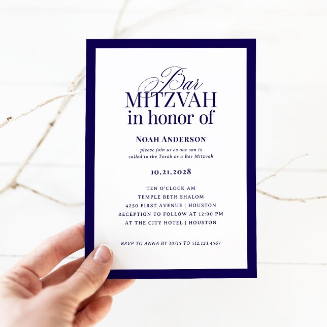 Classic Luxe | Elegant Blue och White Pub Mitzvah Inbjudningar (Skapare uppladdad)