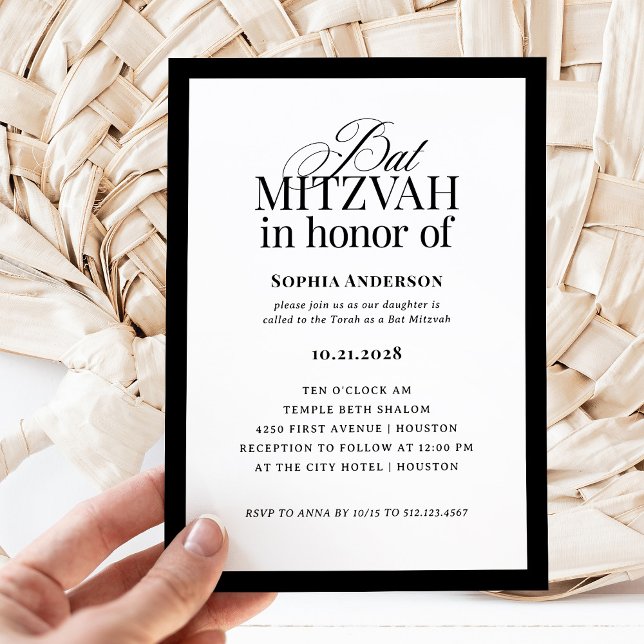 Classic Luxe | Elegant Svartvitt Bat mitzvah Inbjudningar (Skapare uppladdad)