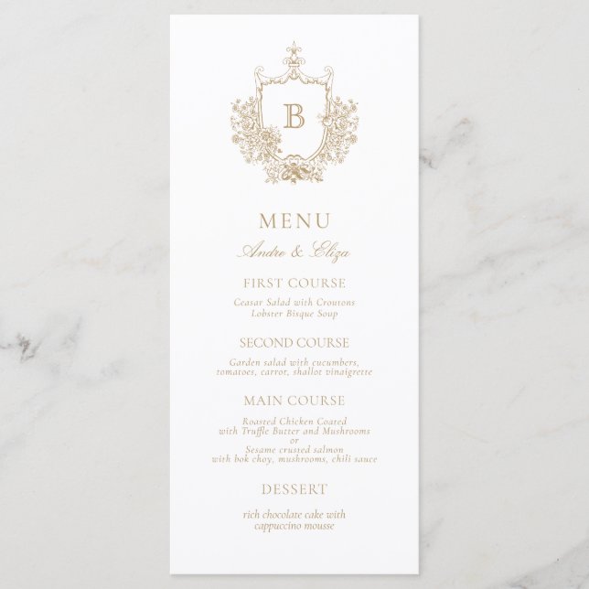Classic Luxe Guld och White Monogram Bröllop Menu Meny (Framsida)