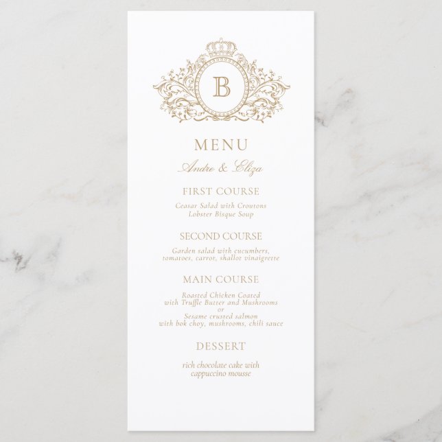 Classic Luxe Guld och White Monogram Bröllop Menu Meny (Framsida)