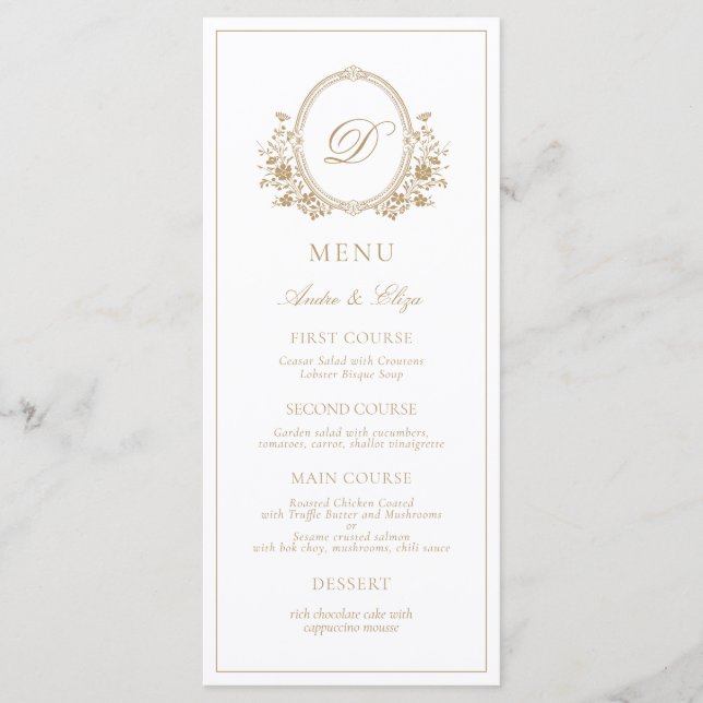 Classic Luxe Vapensköld Monogram Bröllop Menu Meny (Framsida)