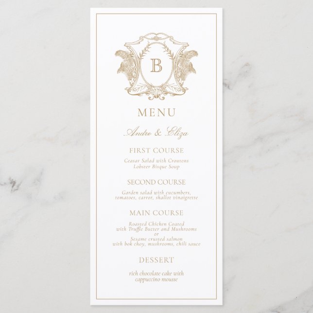 Classic Luxe Vapensköld Monogram Bröllop Menu Meny (Framsida)