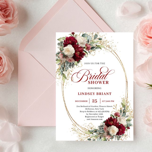 Classic Marsala Roses Gold Bridal Shower Invites Inbjudningar (Classic Marsala Roses Gold Bridal Shower Invitation)