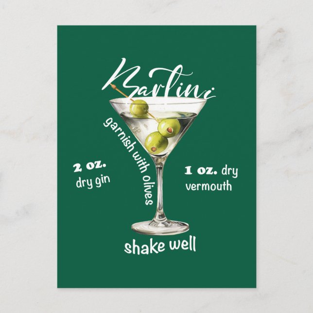 Classic Martini Recipe Cocktail Pub Art Vykort (Framsida)