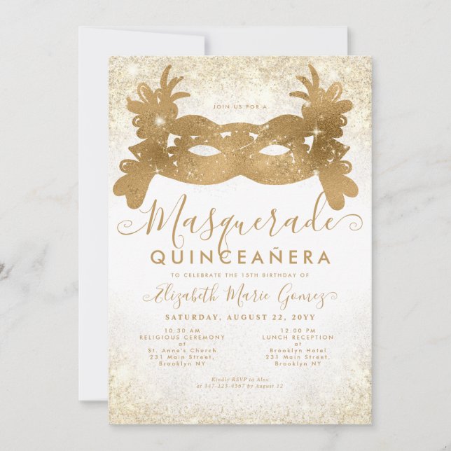 Classic Masqueramask Guld Glitter Quinceanera Inbjudningar (Framsida)