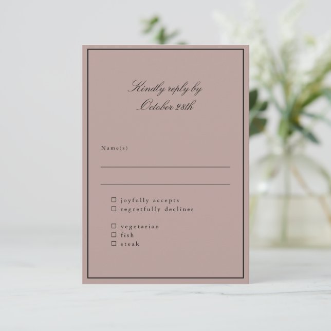 Classic Mauve Script Elegant bröllop Meal Choice OSA Kort (Stående Fram)