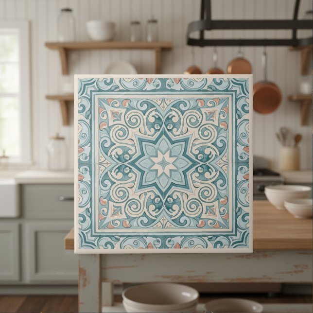 Classic Mediterranean Pattern Pat#29 Teal ID1195 Kakelplatta (Skapare uppladdad)