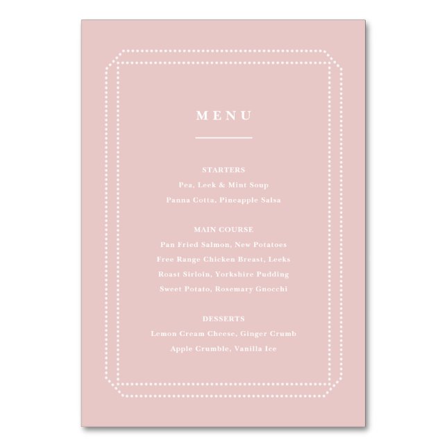 Classic Menu rosa, bröllopsmottagning Bordsnummer (Framsidan)
