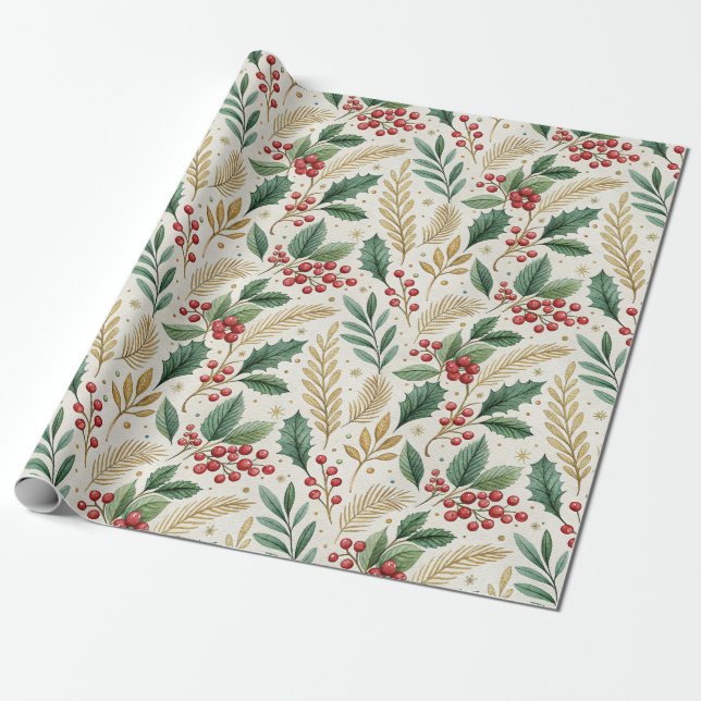Classic Merry & Bright Red Green and Gold Holly Presentpapper (Utrullad)