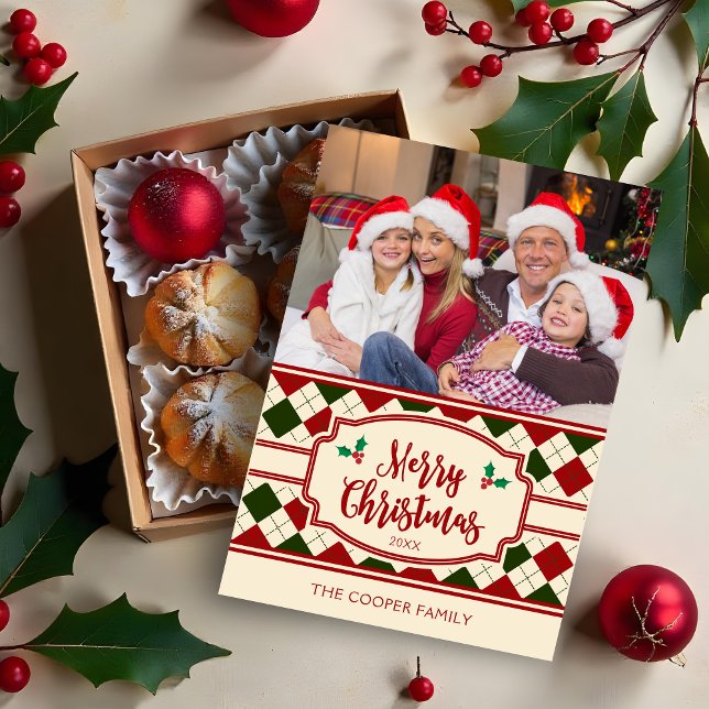 Classic Merry Christmas Holly Photo Family Anteckningskort (Classic Merry Christmas Holly Photo Family Holiday Card. )