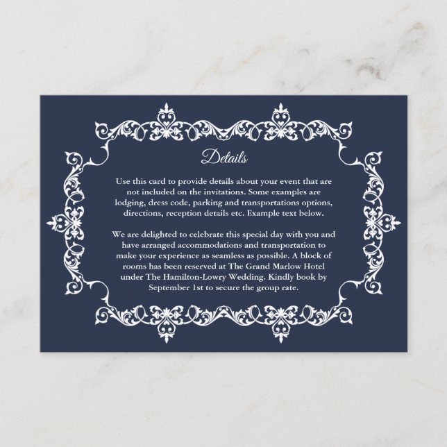 Classic Midnight Navy Blue Ornately Framed Wedding Tilläggskort (Framsida)