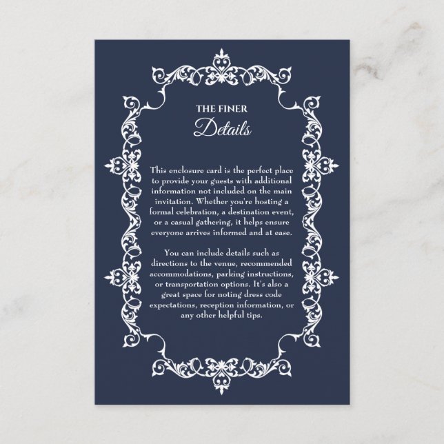 Classic Midnight Navy Blue Ornately Framed Wedding Tilläggskort (Framsida)