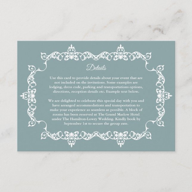Classic Misty Sage Blue Ornately Framed Wedding Tilläggskort (Framsida)
