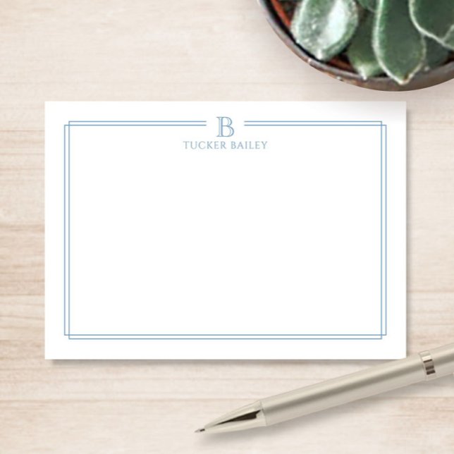 Classic Monogram Light Blue Border Stationery Note Anteckningskort (Skapare uppladdad)